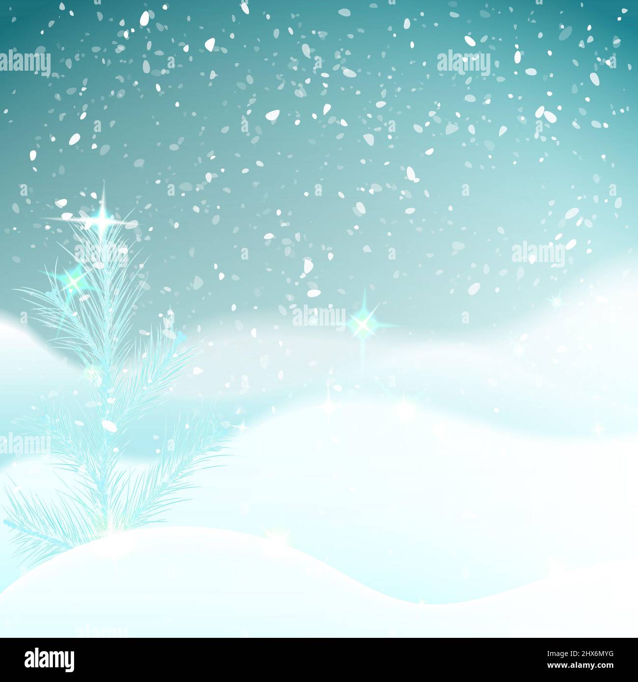 Winterhintergrund mit frostiger Fichte (Kiefer)-Schneebank mit Schneefall Nachthimmel. Grußkarte für ein glückliches neues Jahr und weihnachten. Weihnachtskarte Stockfoto