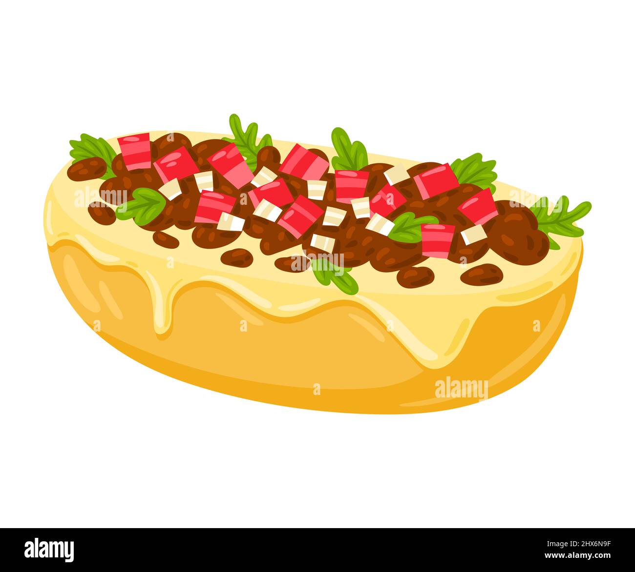 Cartoon Mollete mexikanische Lebensmittel Vektor Illustration. Traditionelle Mexikanische Küche. Molletes mit Sauce, Bohnen und Käse isoliert auf weißem Hintergrund. Stock Vektor