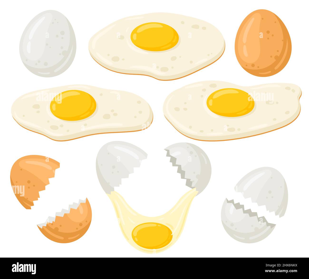 Cartoon Huhn Eier Vektor Illustration Set. Frische, gebratene Eier, zerbrochene Eier. Bio-Lebensmittel auf weißem Hintergrund isoliert. Stock Vektor