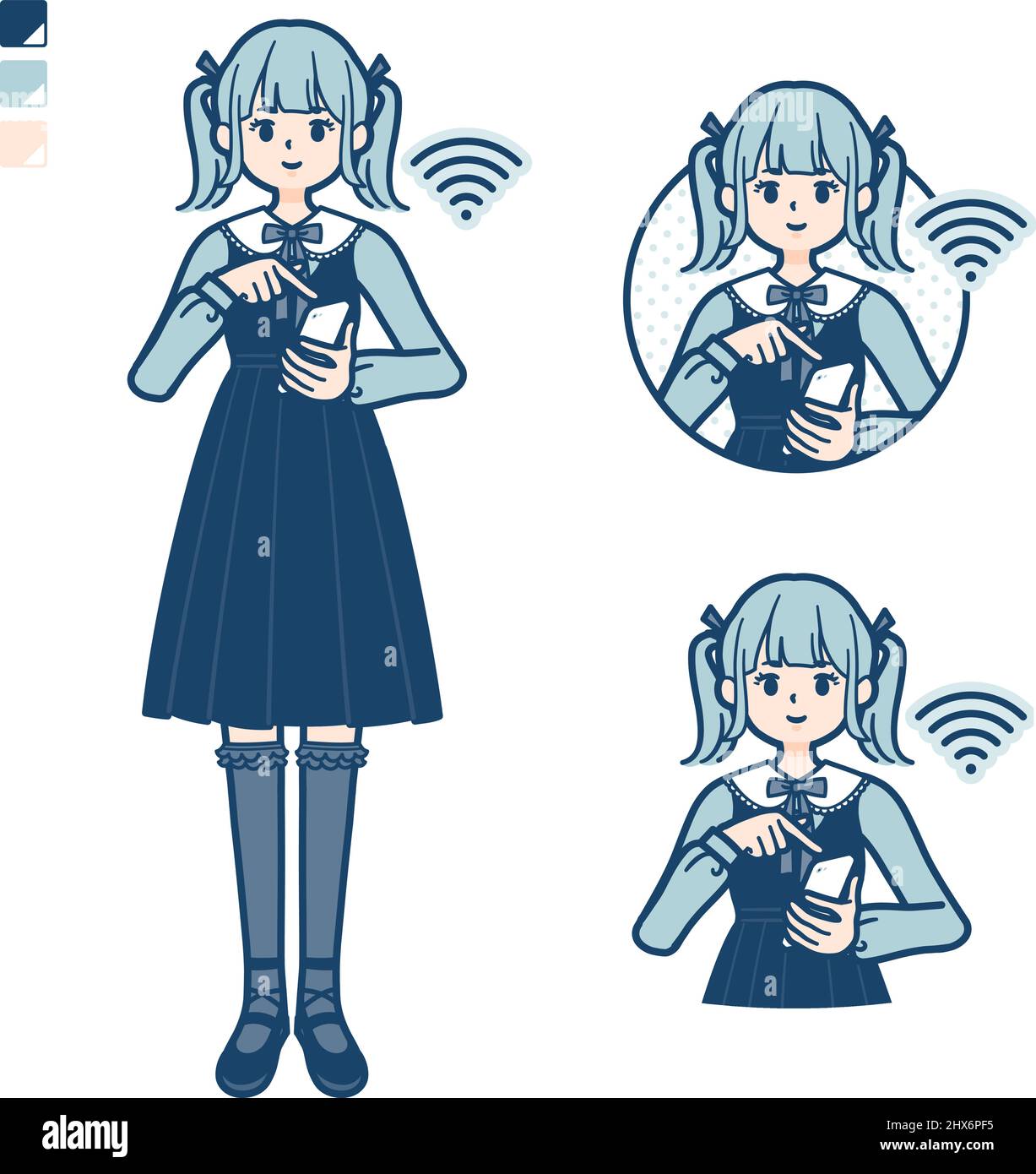 Eine junge Frau im gotischen Lolita Kostüm mit Smartphone-Bildern bedienen.Es ist Vektorgrafik, so ist es einfach zu bearbeiten. Stock Vektor