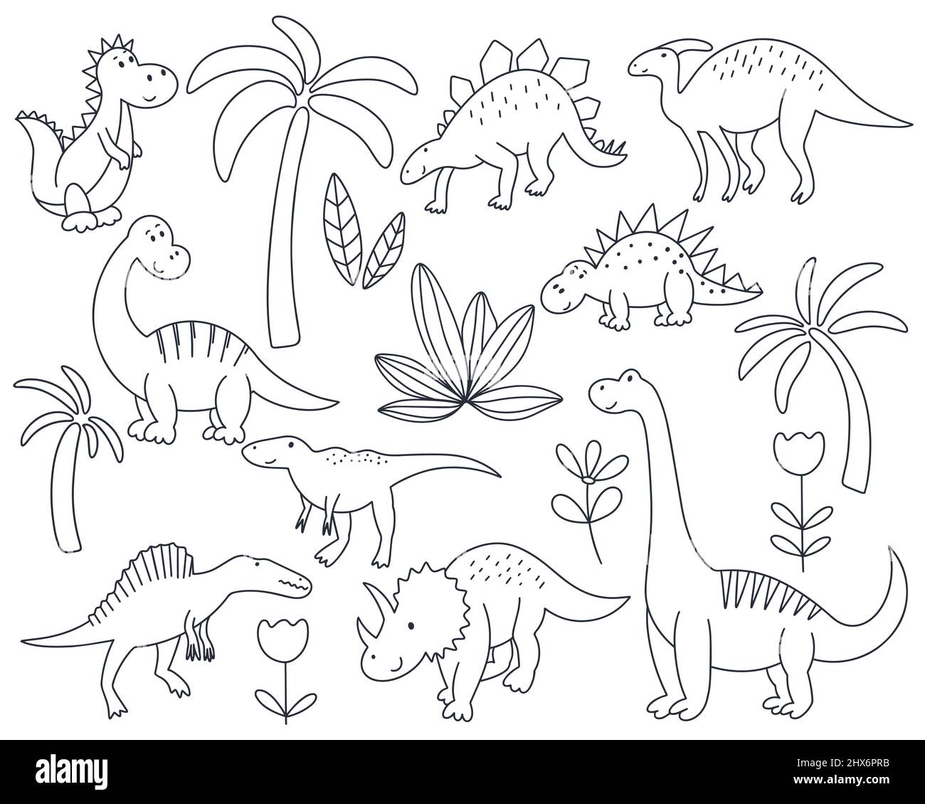 Schwarze Doodle Dinosaurier Set Vektor-Illustration Stock Vektor