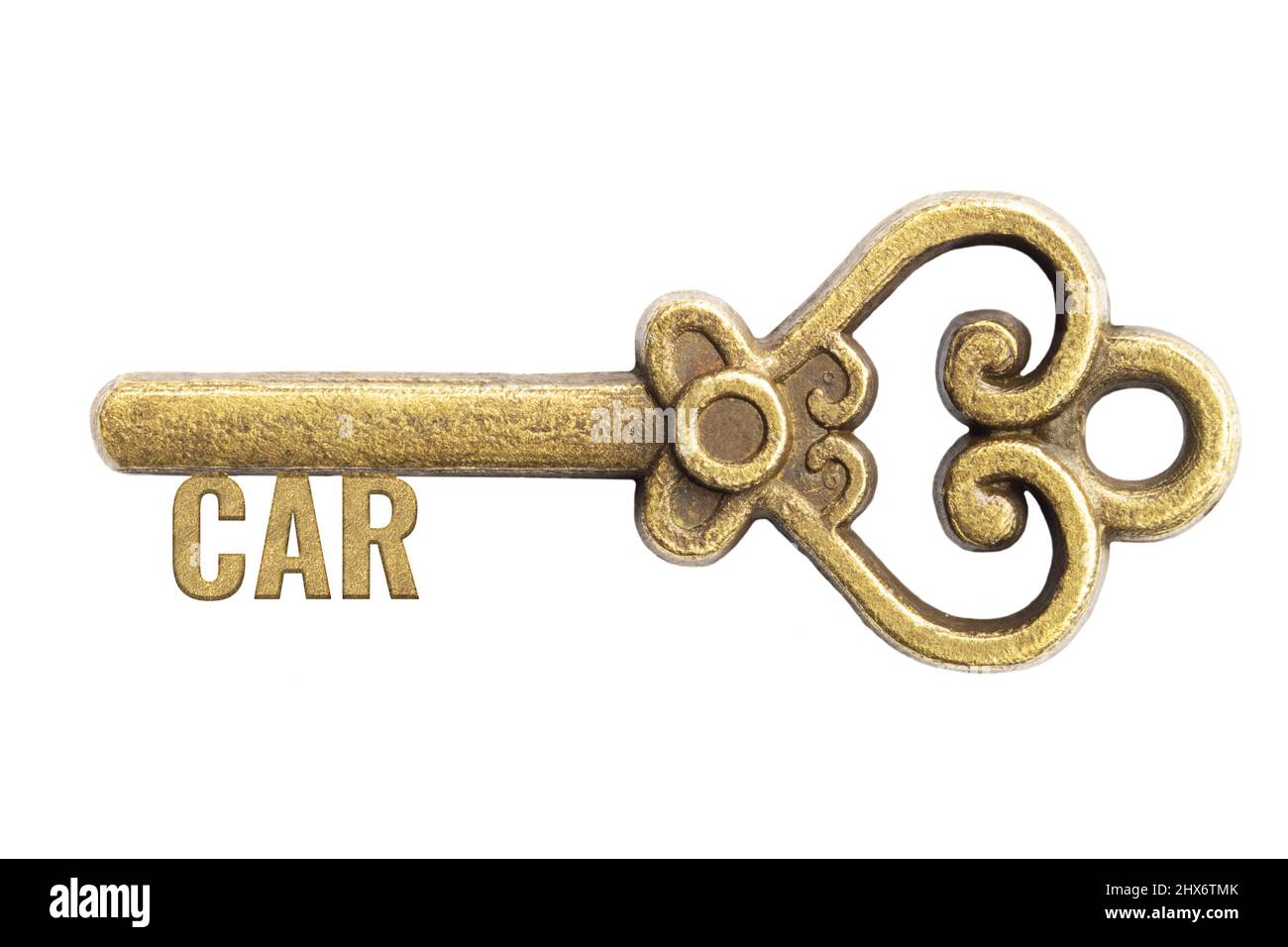 Bronze vintage antiken Schlüssel mit Wort Auto isoliert auf weißem Hintergrund. Konzept Chance und Fähigkeit Stockfoto