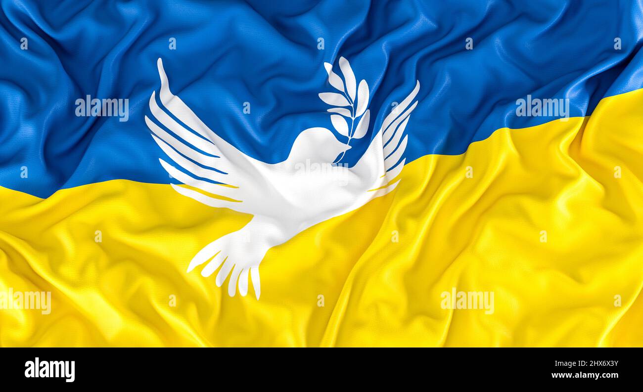 Ukrainische Flagge mit Friedenssymbol, Taube mit Olivenbaum. 3D Rendern. Stockfoto