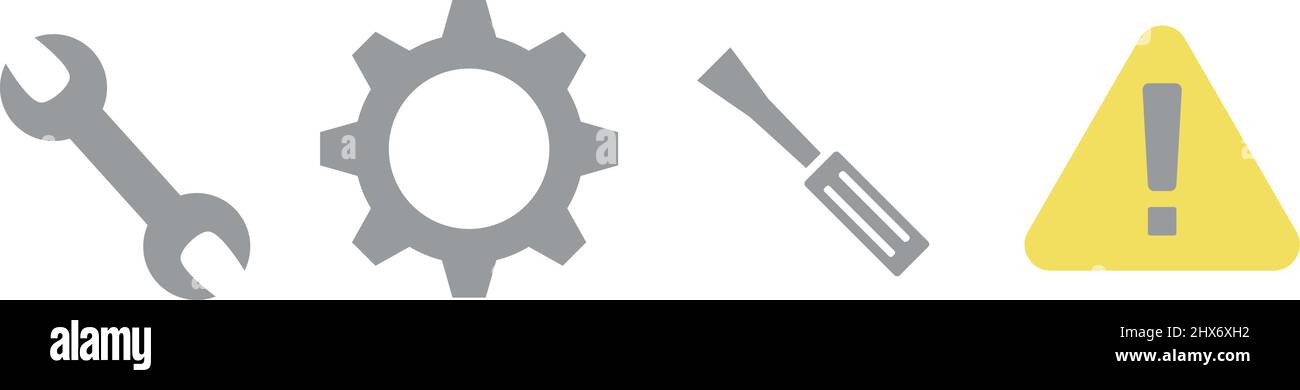 Symbol für Werkzeug eingestellt. Schraubenschlüssel, Zahnrad, Schraubendreher und Warnsymbol. Editierbare Vektoren. Stock Vektor