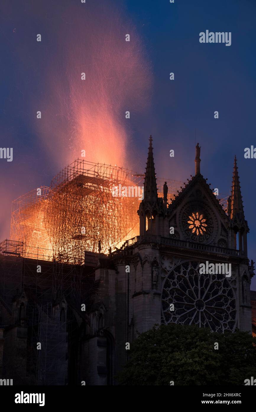 FRANKREICH. PARIS (75) 4TH ARRONDISSEMENT. ILE DE LA CITE. APRIL 15TH 2019. KATHEDRALE NOTRE-DAME, DIE WÄHREND DER RESTAURIERUNGSARBEITEN VON FLAMMEN VERWÜSTET WURDE Stockfoto