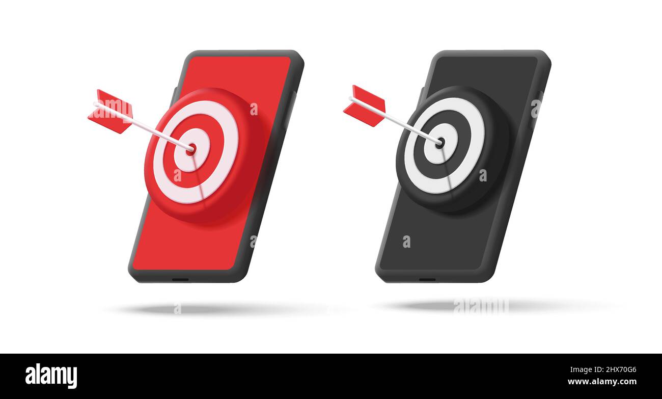 3D Render isometrisches Symbol eines Smartphones mit Zielbrett und Pfeil in der Mitte Stock Vektor