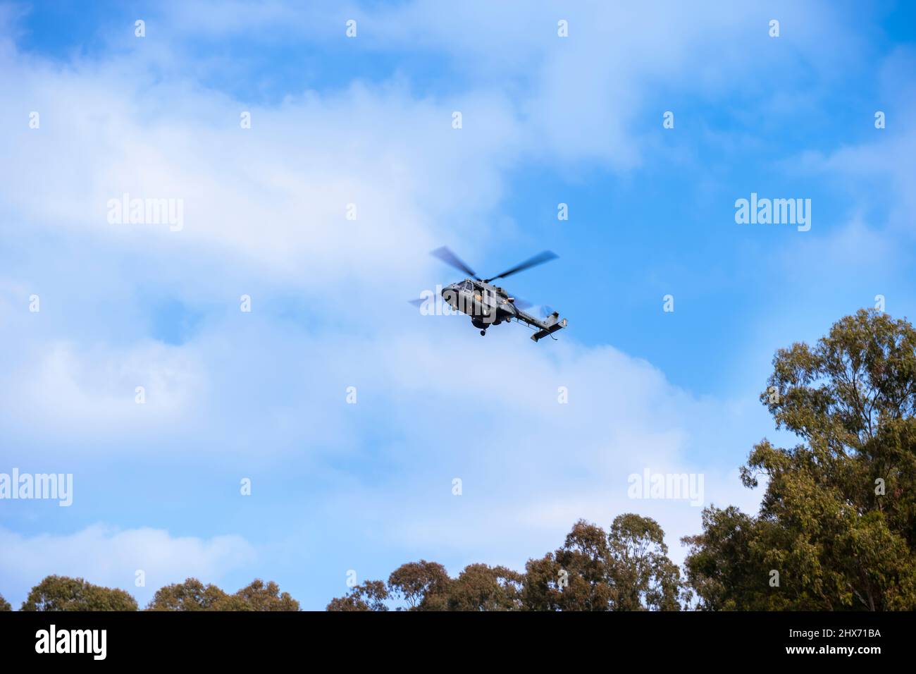 Ein Hubschrauber der indischen Luftwaffe, Dhruv, fliegt mit geöffneter Tür, während er sich darauf vorbereitet, Blütenblätter auf Menschen zu werfen, die den Tag der indischen Republik feiern. Stockfoto