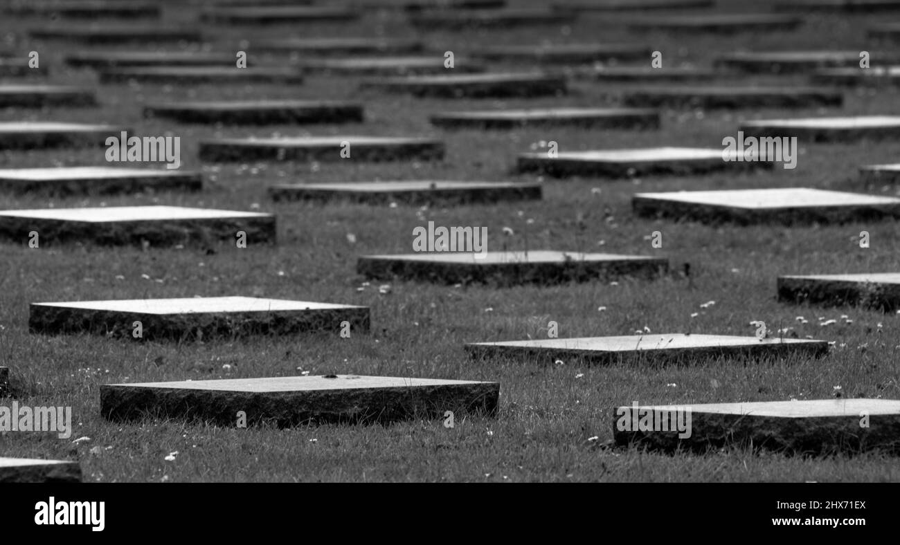 Yper, Belgien - 7. August 2021. Detail der Kriegsdenkmäler auf dem Friedhof Langemark. Langemark ist der berühmteste deutsche erste Weltkrieg Friedhof in Belgien. Stockfoto