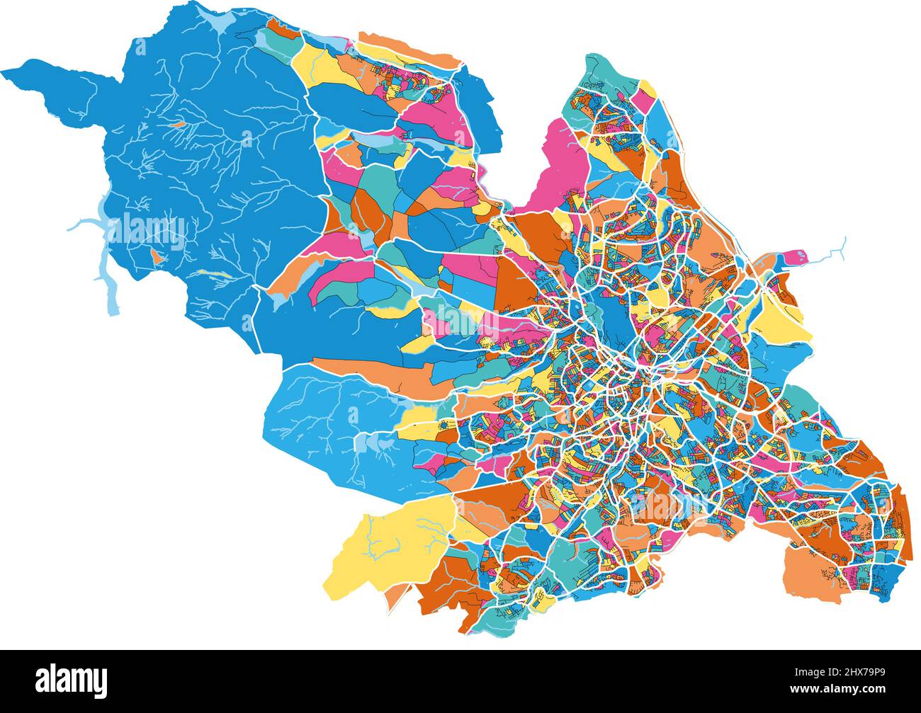 Sheffield, Yorkshire and the Humber, England farbenfrohe, hochauflösende Vektorgrafik-Karte mit Stadtgrenzen. Weiße Umrisse für Hauptstraßen. Viele Details Stock Vektor