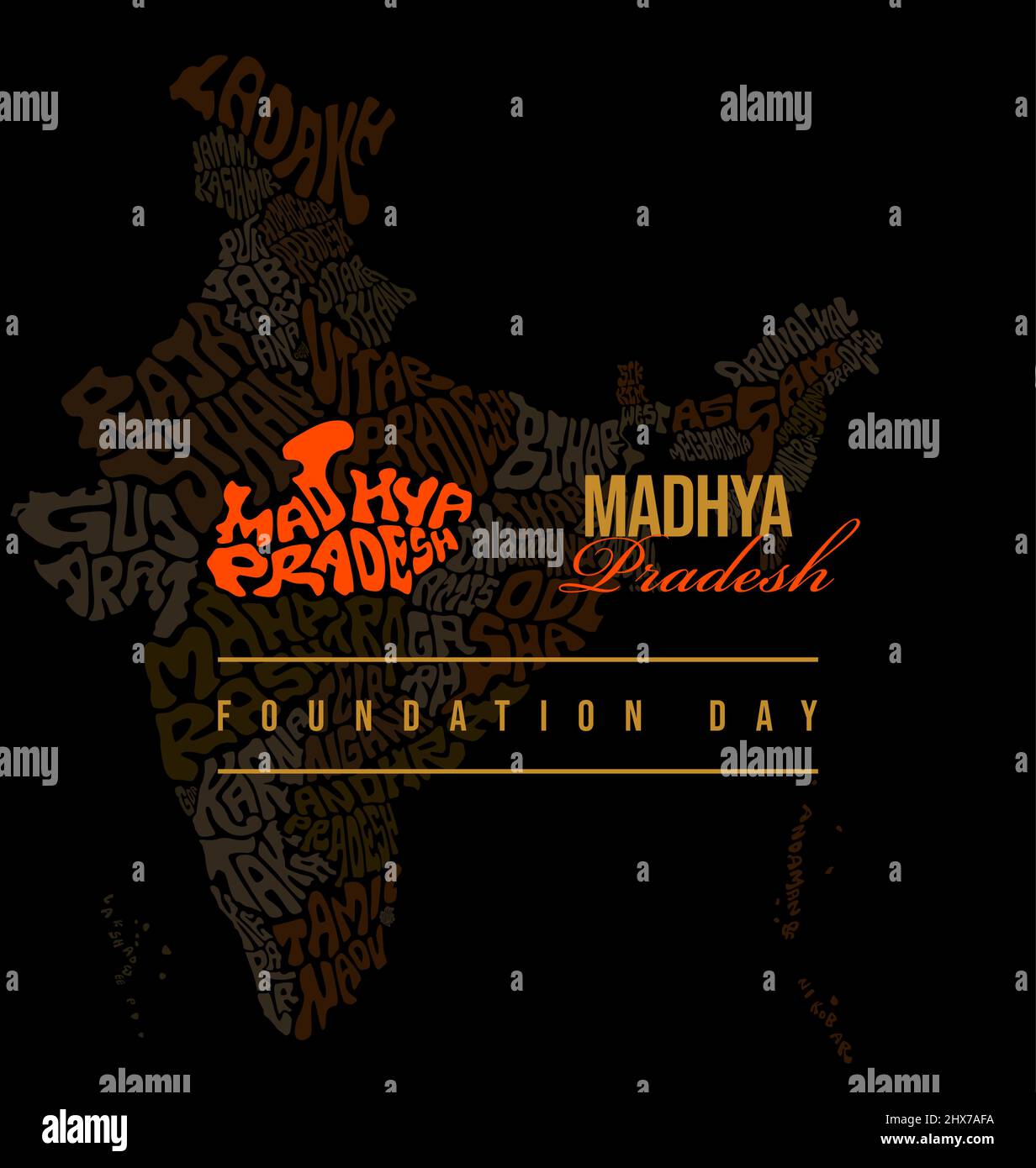 Happy Madhya Pradesh Foundation Tag Grüße mit Karte Illustration. Madhya pradesh Typografie-Karte und indien-Karte. Stock Vektor