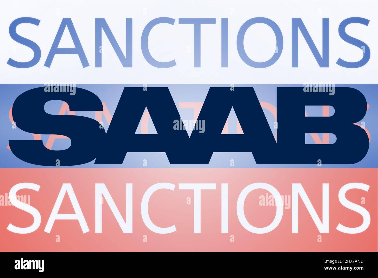Saab-Logo vor dem Sanktionstext auf der russischen Flagge. Neue Sanktionen gegen Russland wegen seiner Invasion in der Ukraine. März 2022, San Francisco, USA Stockfoto