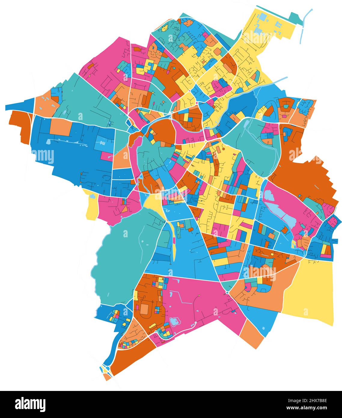 Cambridge, East of England, England Bunte hochauflösende Vektorgrafik-Karte mit Stadtgrenzen. Weiße Umrisse für Hauptstraßen. Viele Details. Blaues sh Stock Vektor