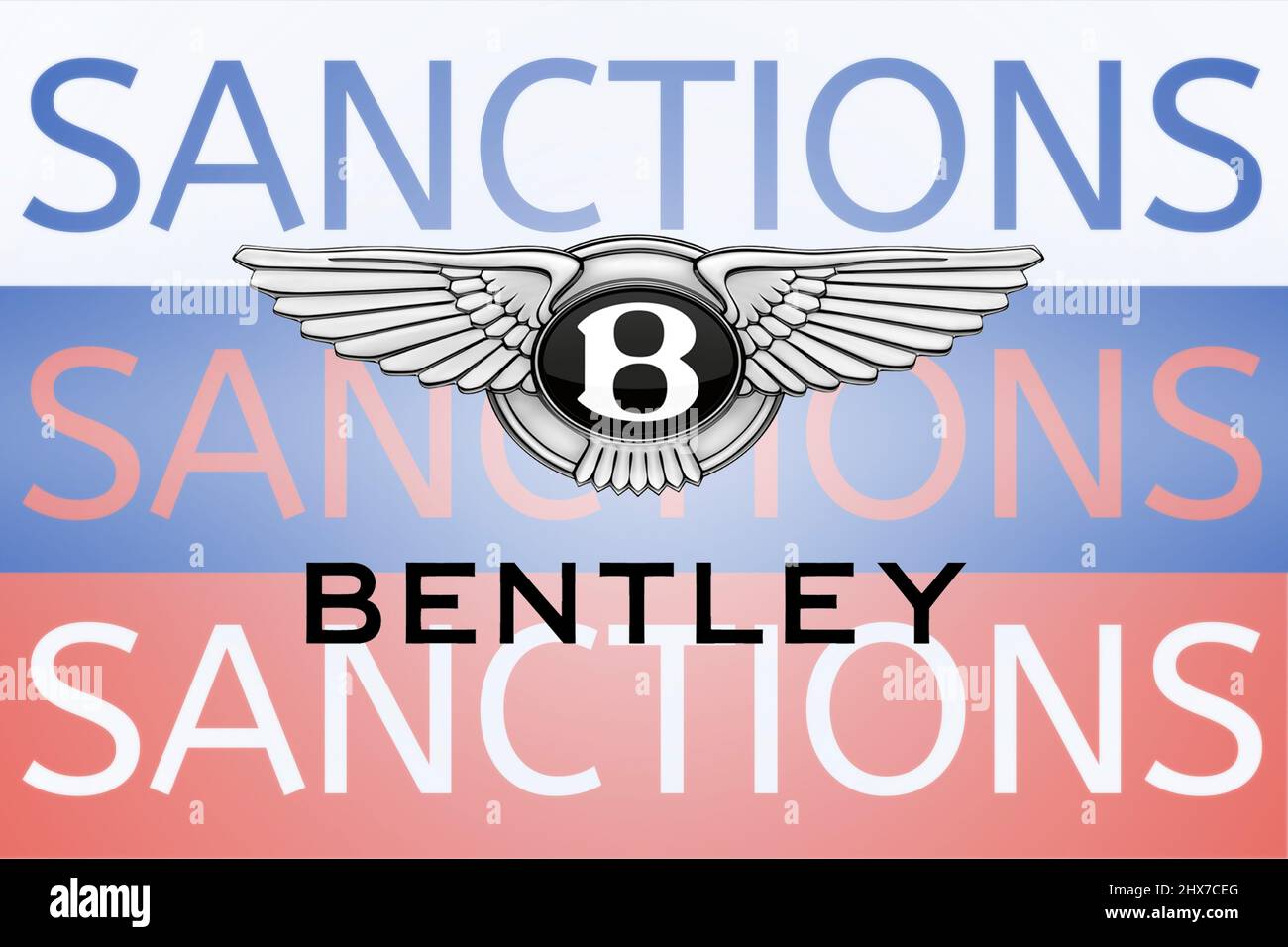 Bentley Logo vor dem Sanktionstext auf der russischen Flagge. Neue Sanktionen gegen Russland wegen seiner Invasion in der Ukraine. März 2022, San Francisco, USA Stockfoto