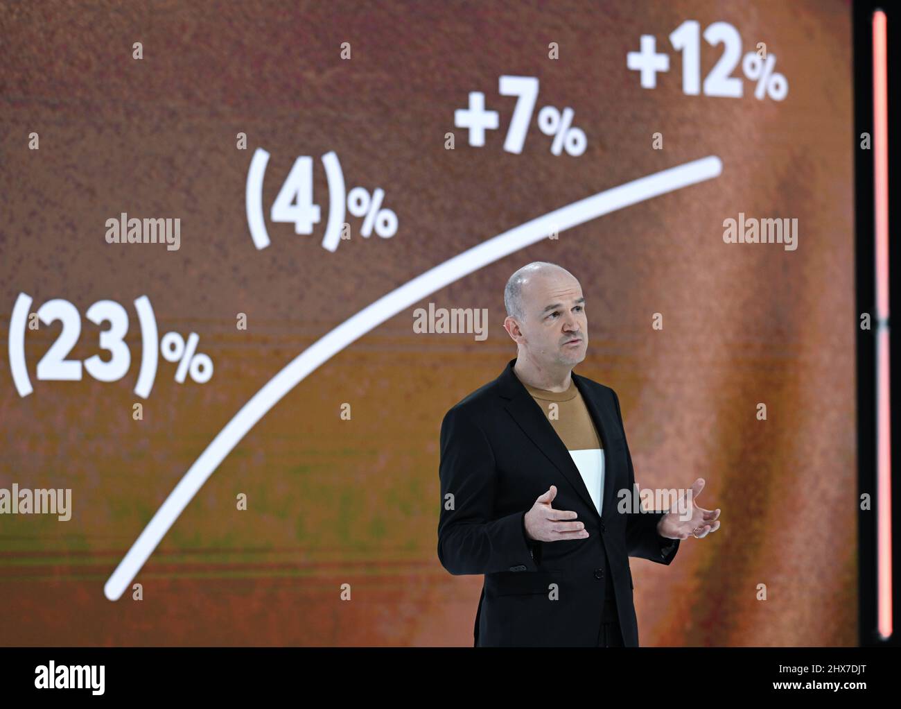 Filderstadt Sielmingen, Deutschland. 10. März 2022. Yves Müller, CFO des Modekonzerns Hugo Boss, steht während der Jahrespressekonferenz vor einer Videoleinwand. Quelle: Bernd Weißbrod/dpa/Alamy Live News Stockfoto