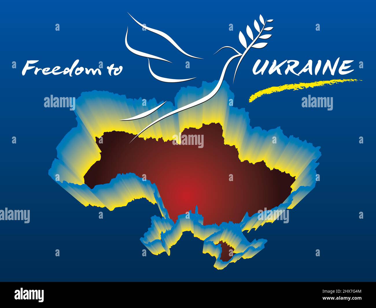 Freiheit für die Ukraine! Die weiße Friedenstaube mit einem Olivenzweig über der brennenden Silhouette der Ukraine mit Konturen in den Farben der Ukraine Stock Vektor