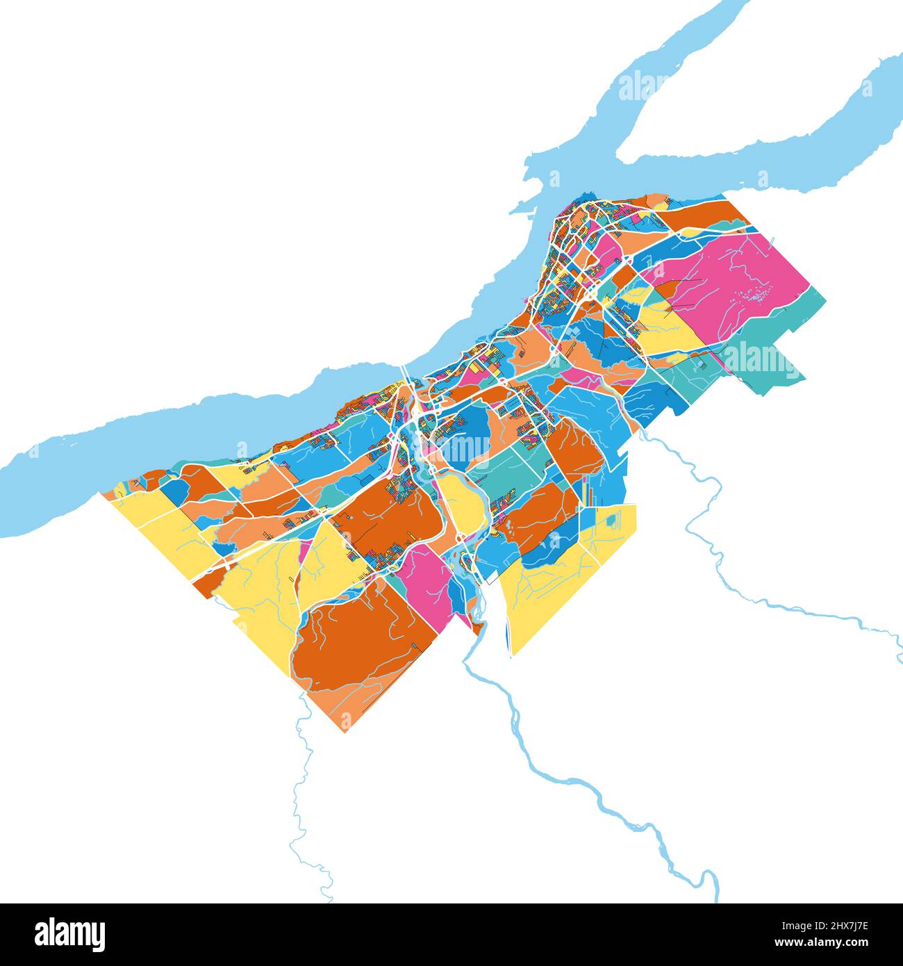 Levis, Quebec, Kanada Bunte hochauflösende Vektorgrafik-Karte mit Stadtgrenzen. Weiße Umrisse für Hauptstraßen. Viele Details. Blaue Formen für Wasser Stock Vektor