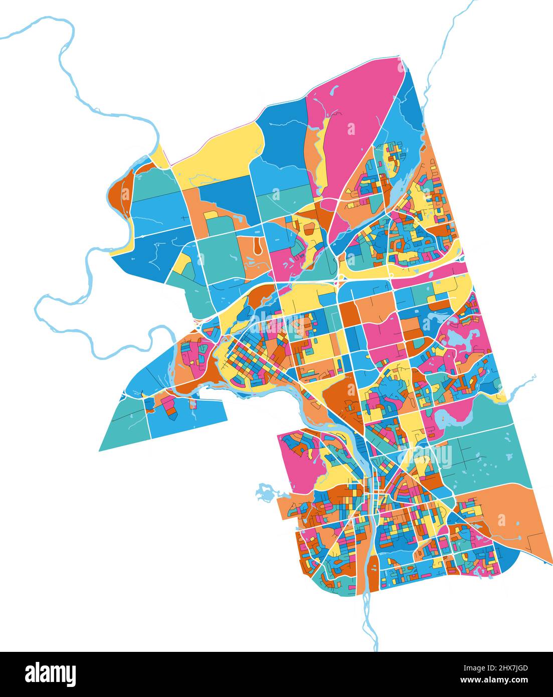 Cambridge, Ontario, Kanada farbenfrohe, hochauflösende Vektorgrafik-Karte mit Stadtgrenzen. Weiße Umrisse für Hauptstraßen. Viele Details. Blaue Formen für Stock Vektor
