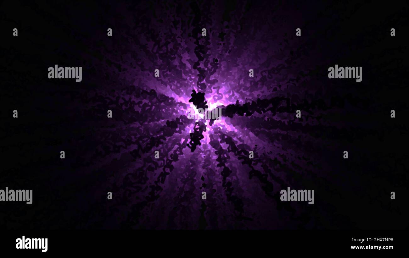 Abstrakte, violette, neonfarbene, flache, geschwungene Linien, die sich vom Punkt aus in einem breiten Kreis ausbreiten. Abstrakte gebogene Linien, Filzstiftmarkierungen auf schwarzem Hintergrund. Stockfoto