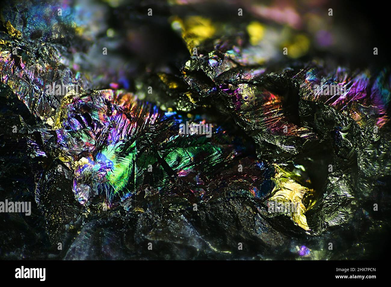 Dies ist ein irisierendes, farbenprächtiges Kupfererz, das Pfauenerz oder Chalkopyrit aus der Kupfermine Virtasalmi in Finnland genannt wird. Mikroskopbild. Stockfoto