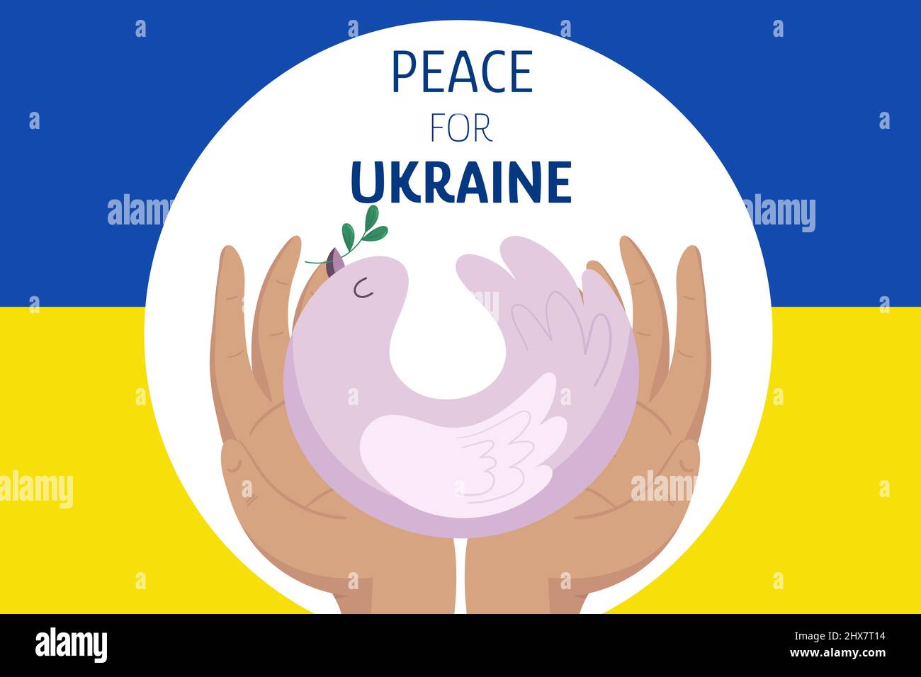 Frieden für die Ukraine. Zwei Hände halten Taube, Taube in weißem Kreis auf ukrainische Flagge Farbe blau und gelb. Stop war Konzeptdarstellung. Stock Vektor