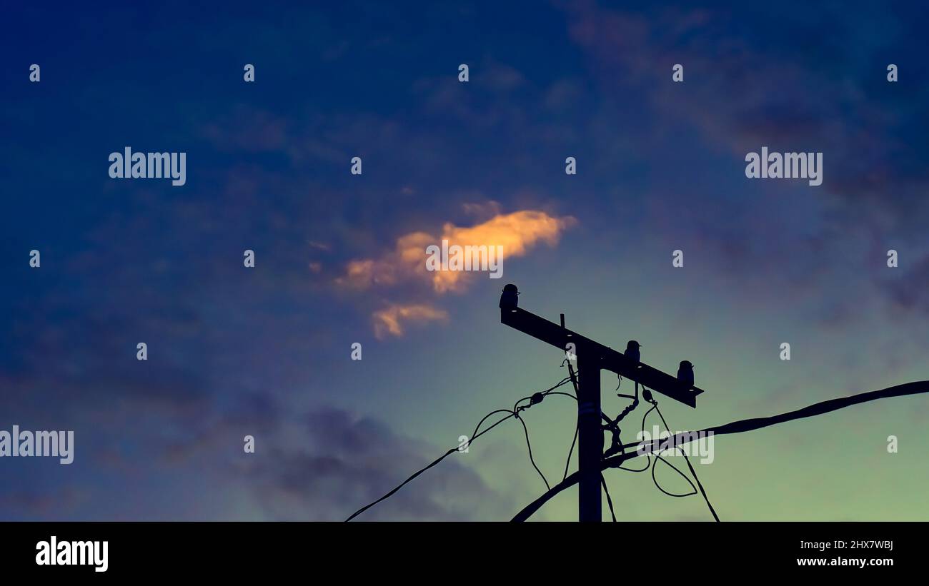 In der Atmosphäre am späten Nachmittag ist eine kleine Wolke über der elektrischen Kabelstrebe zu sehen Stockfoto