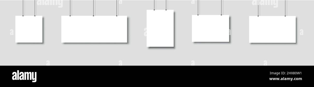 Vorlage von weißen leeren Vektorpostern. Set von Mockups, die an der Wand hängen. Rahmen für Papierbogen. Isoliert auf grauem Hintergrund. Vektorgrafik EPS 10. Stock Vektor