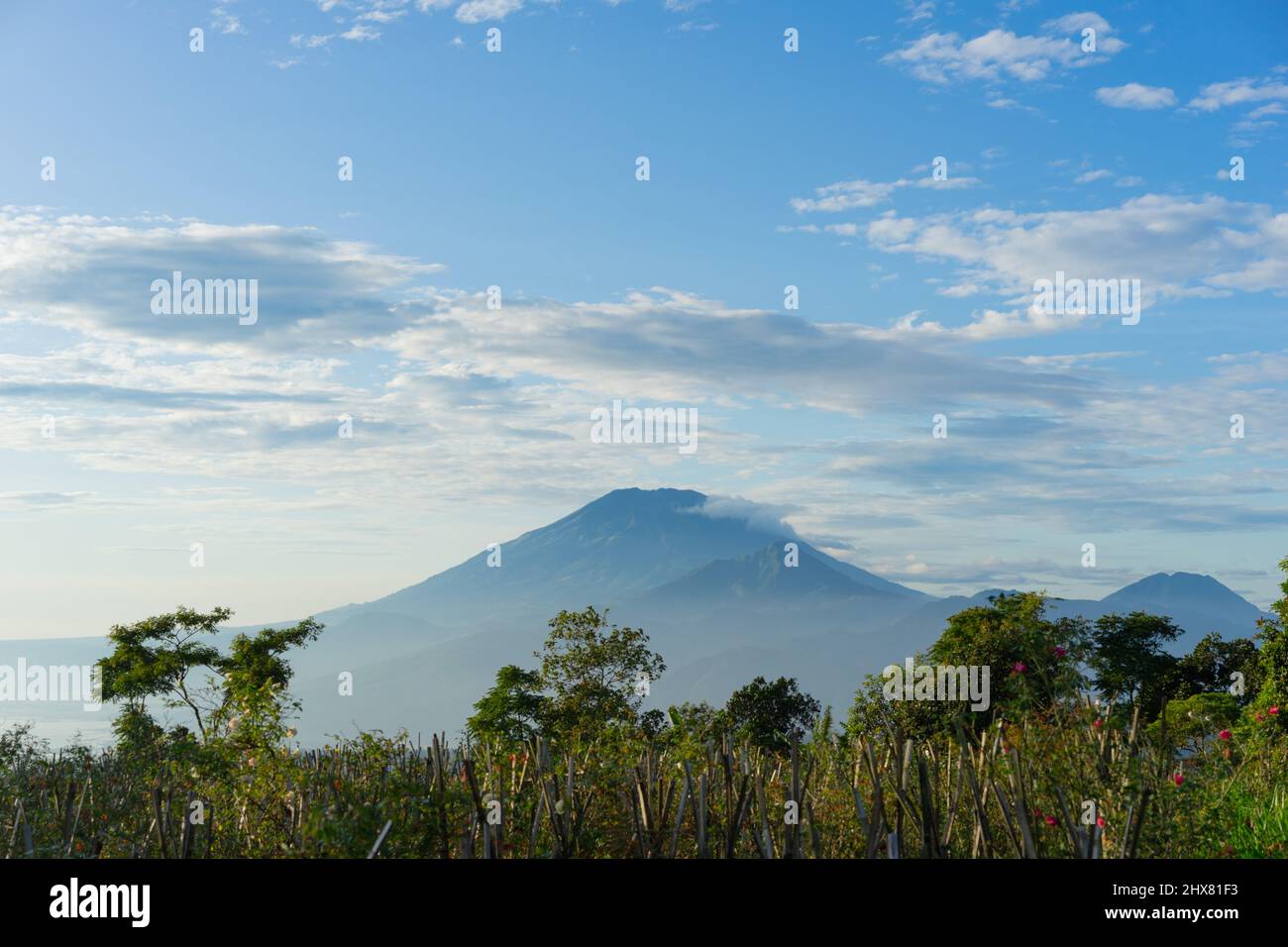 Dies ist ein Foto des Mount Merbabu in Zentral-Java, Indonesien. Der Name „Merbabu“ bedeutet „Berg der Asche“. Stockfoto
