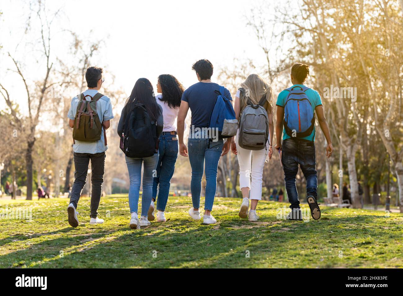 Rückansicht einer Reihe junger multiethnischer Studenten, die im Park zusammenlaufen Stockfoto