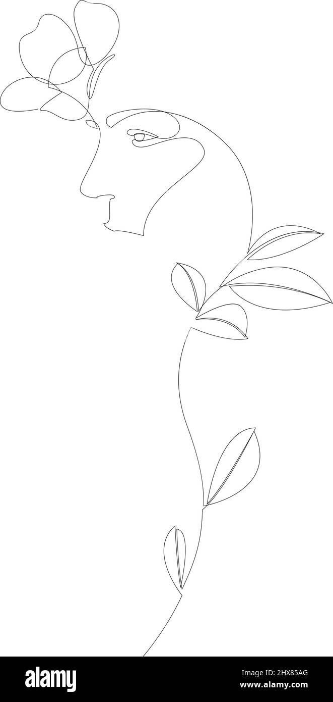 Abstraktes, einzeiliges Gesicht mit Blumen und Blättern. Minimalistischer Stil im Porträt. Botanischer Druck. Natursymbol der Kosmetik. Kontinuierliche Linie Kunst. Mode Stock Vektor