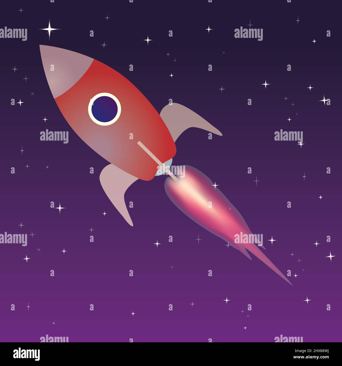 Rakete am Himmel mit einer Berglandschaft und zwei großen Planeten und Sternen. Stock Vektor