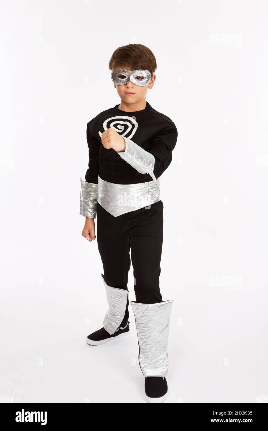 Superhelden-Kostüm. 11 Jahre alt. Stockfoto
