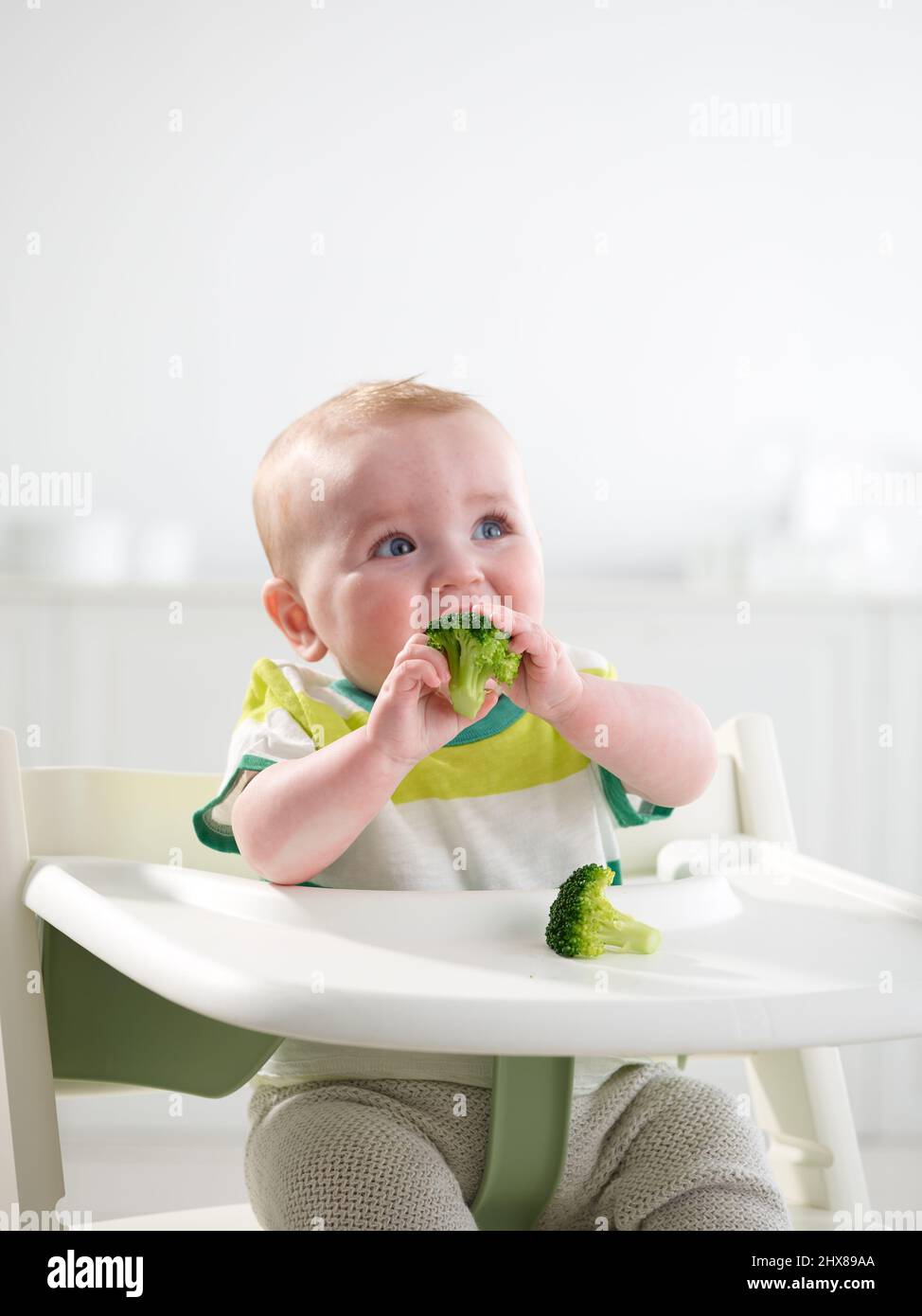 Baby im Alter von 6 Monaten essen im Hochstuhl Stockfoto