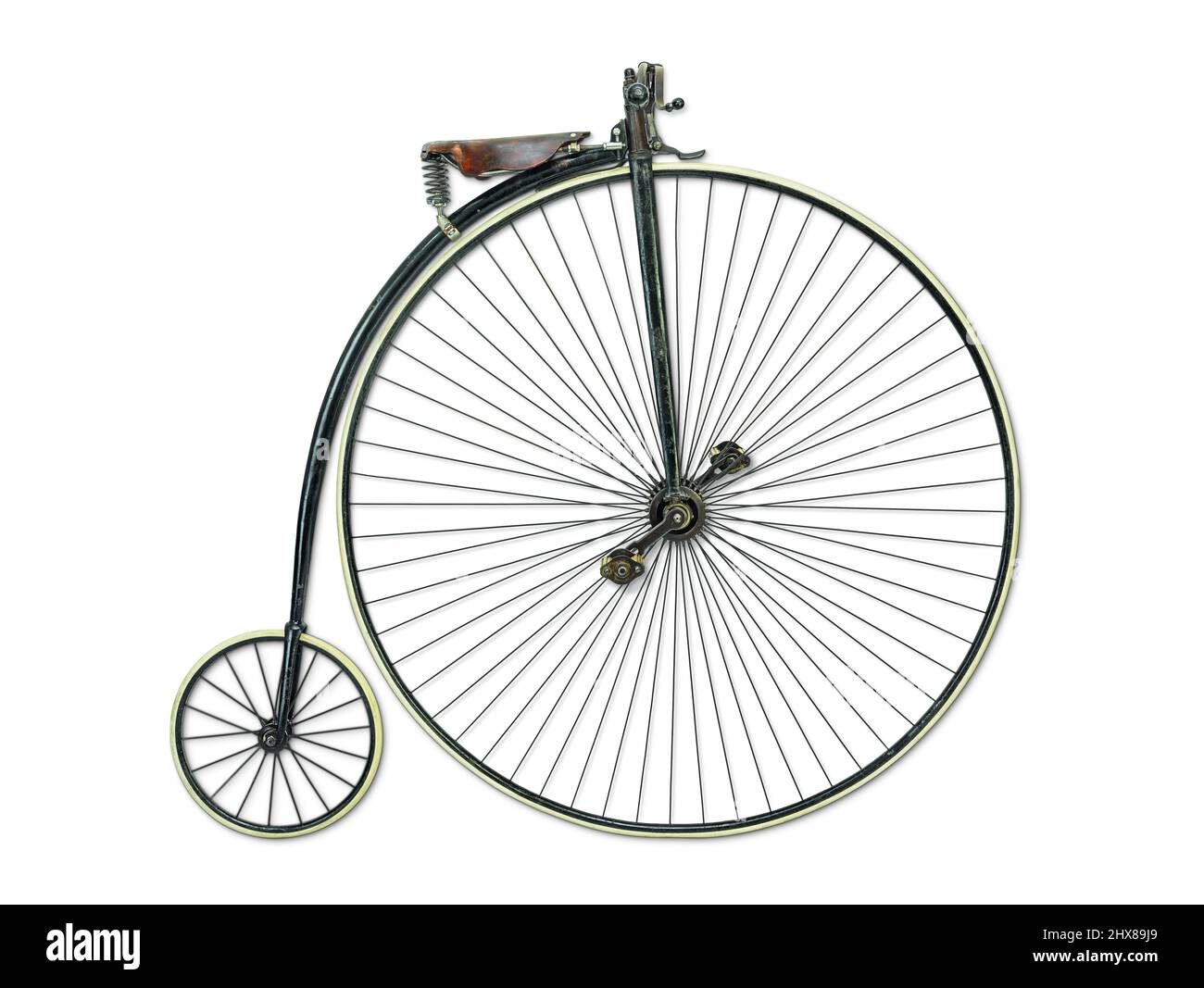 Hochrad Kleyer Adler (Penny Farthing), Frankfurt, Deutschland, 1885, Seitenansicht, Antriebsseite, keine Gänge, Stahlrahmen/Vollgummireifen, 52 Zoll Radgröße Stockfoto