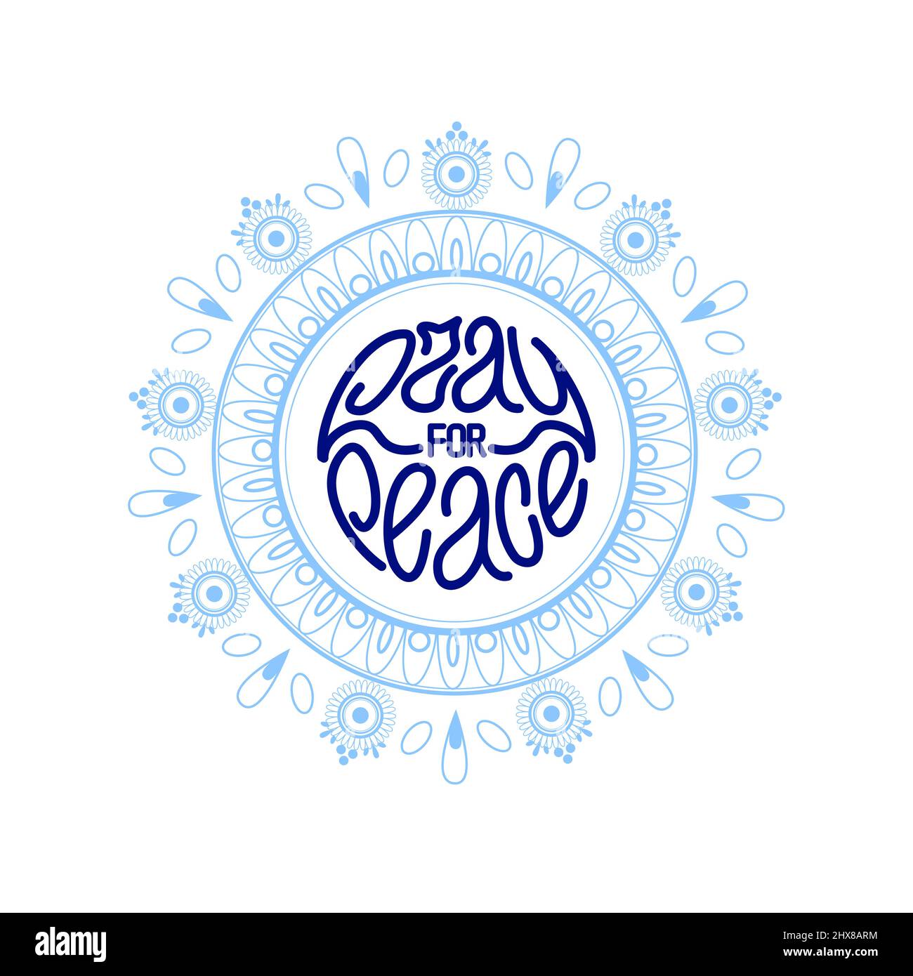 Betet für den Frieden. Handgezeichneter Schriftzug im Kreis floral mehendi Mandala. Friedliche Kundgebung, Bewegung. Vektorgrafik Stock Vektor