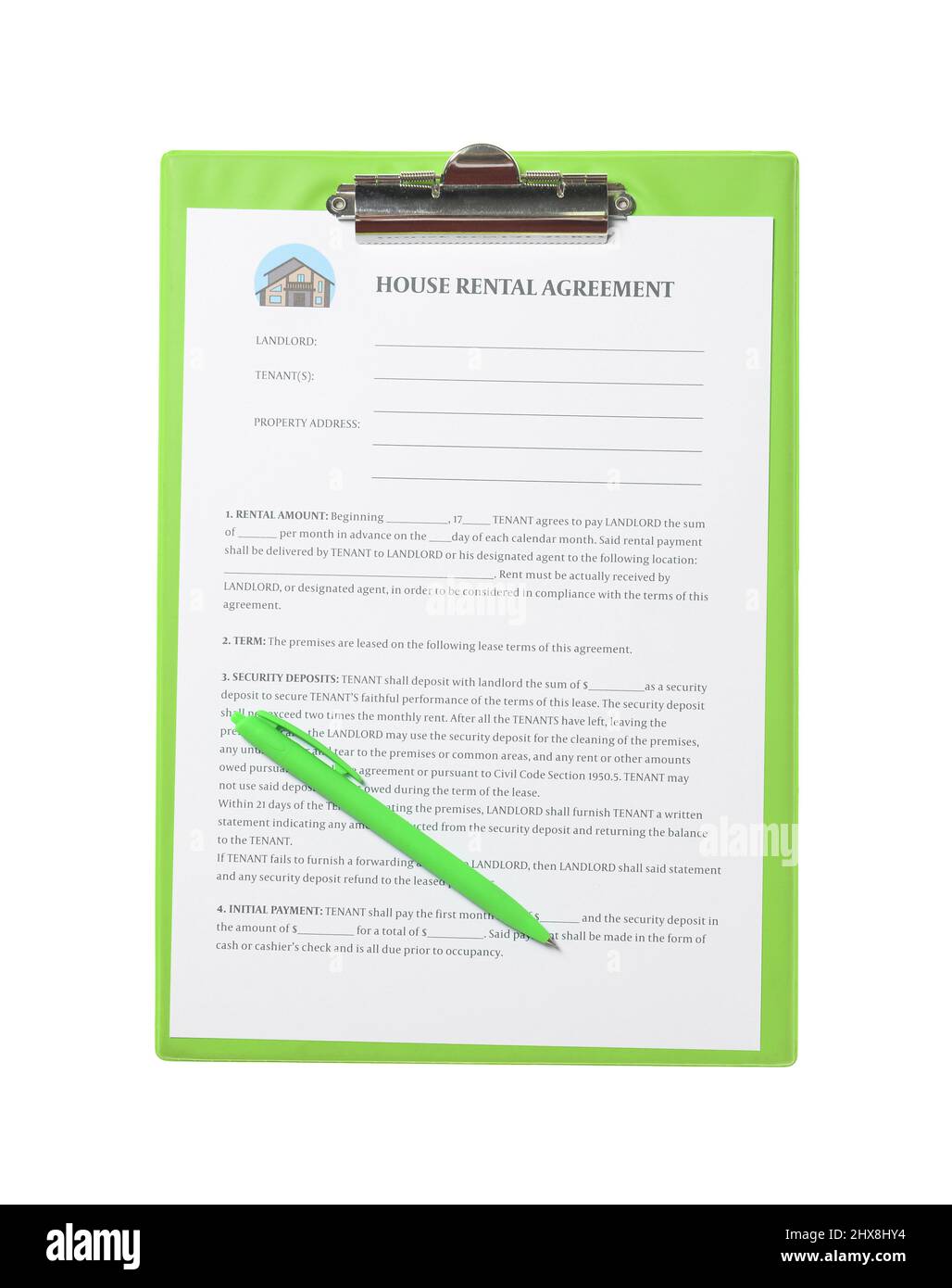 Clipboard mit Mietvertrag und Stift auf weißem Hintergrund Stockfoto