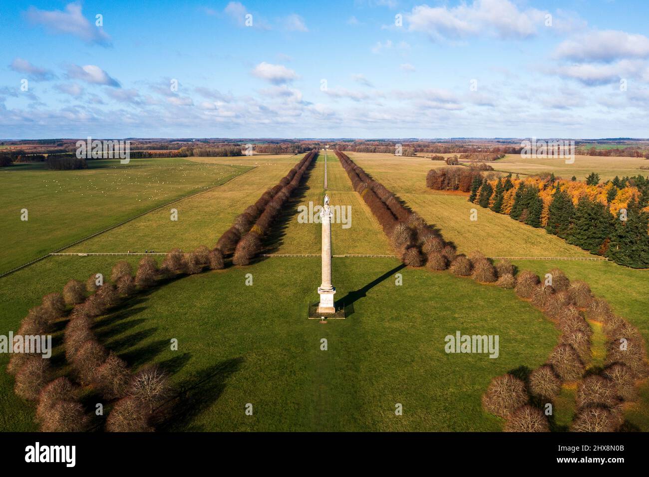 Die makellosen Gärten, die die Siegessäule am Blenheim Palace umrahmen, erstrecken sich so weit das Auge reicht. Stockfoto