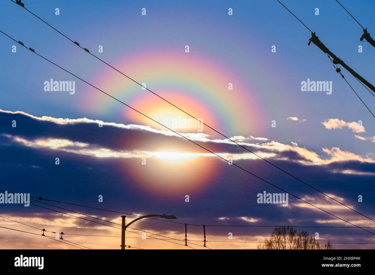 Pollenkorona Regenbogen um die Sonne, Vancouver, British Columbia, Kanada Stockfoto