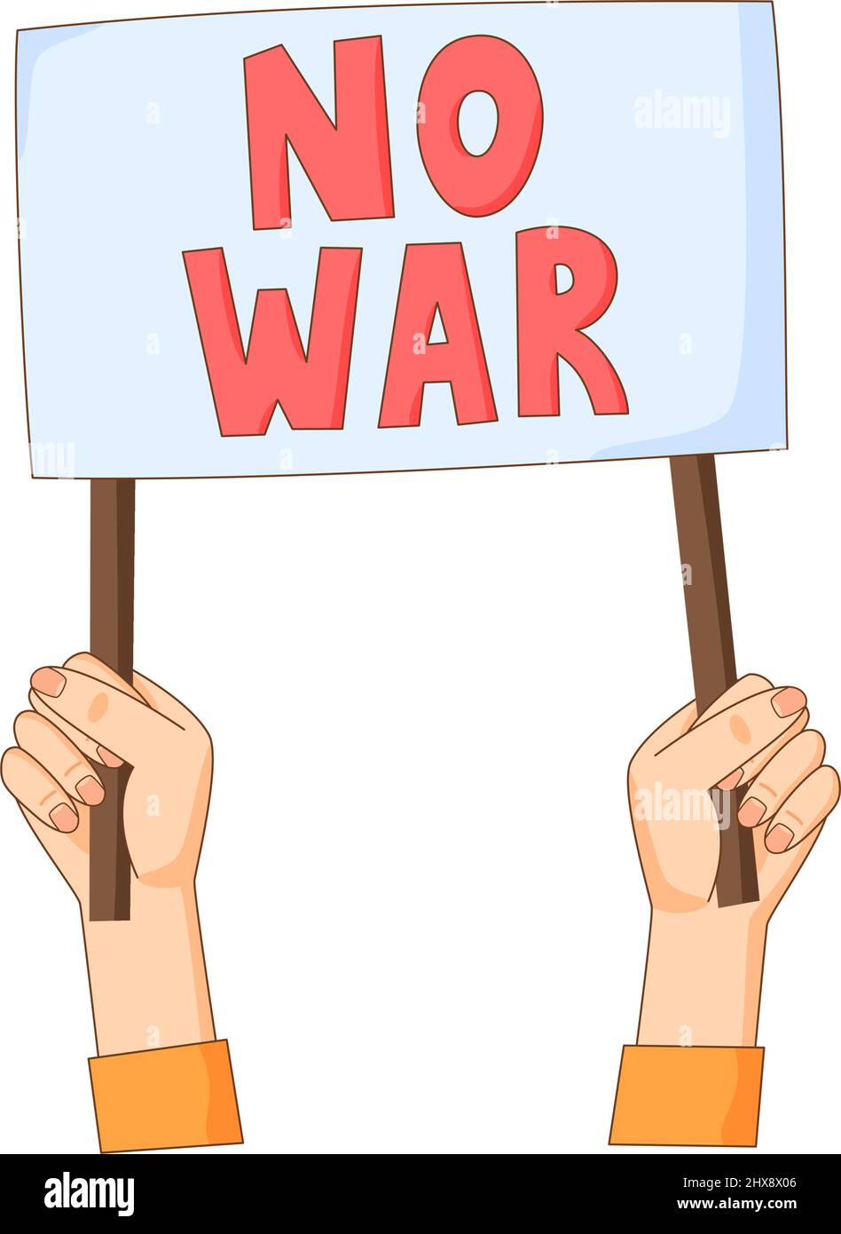 Hände ohne Kriegsbanner. Antikriegs- und pazifistische Bewegung Aktivist mit Zeichen. Friedensforderung. Vektor Stock Vektor