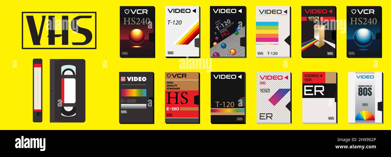 VHS Casette Vektorgrafik und Sammlung von Video-Covern. Abstrakte Leere Bandgehäuse. Fertige Vorlagen für Aufkleber, Flyer, Poster. Filme aus dem Jahr 80s Stock Vektor