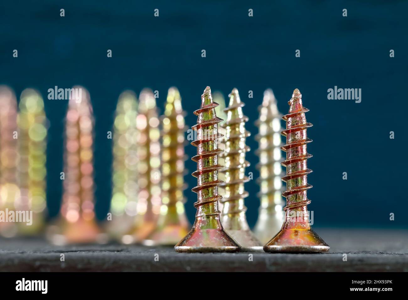 Die Gruppe der selbstschneidenden Schrauben wird vor farbigem Hintergrund angezeigt. Diese Schrauben haben flache Köpfe. Stockfoto