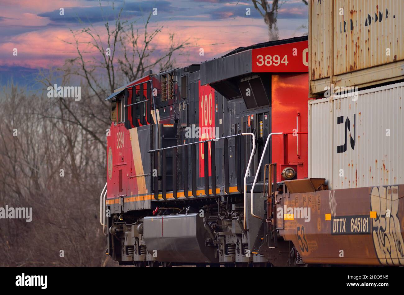 Bartlett, Illinois, USA. Eine einzige Canadian National Railway Lokomotive führt einen intermodalen Güterzug durch eine Kreuzung einer anderen Eisenbahn. Stockfoto