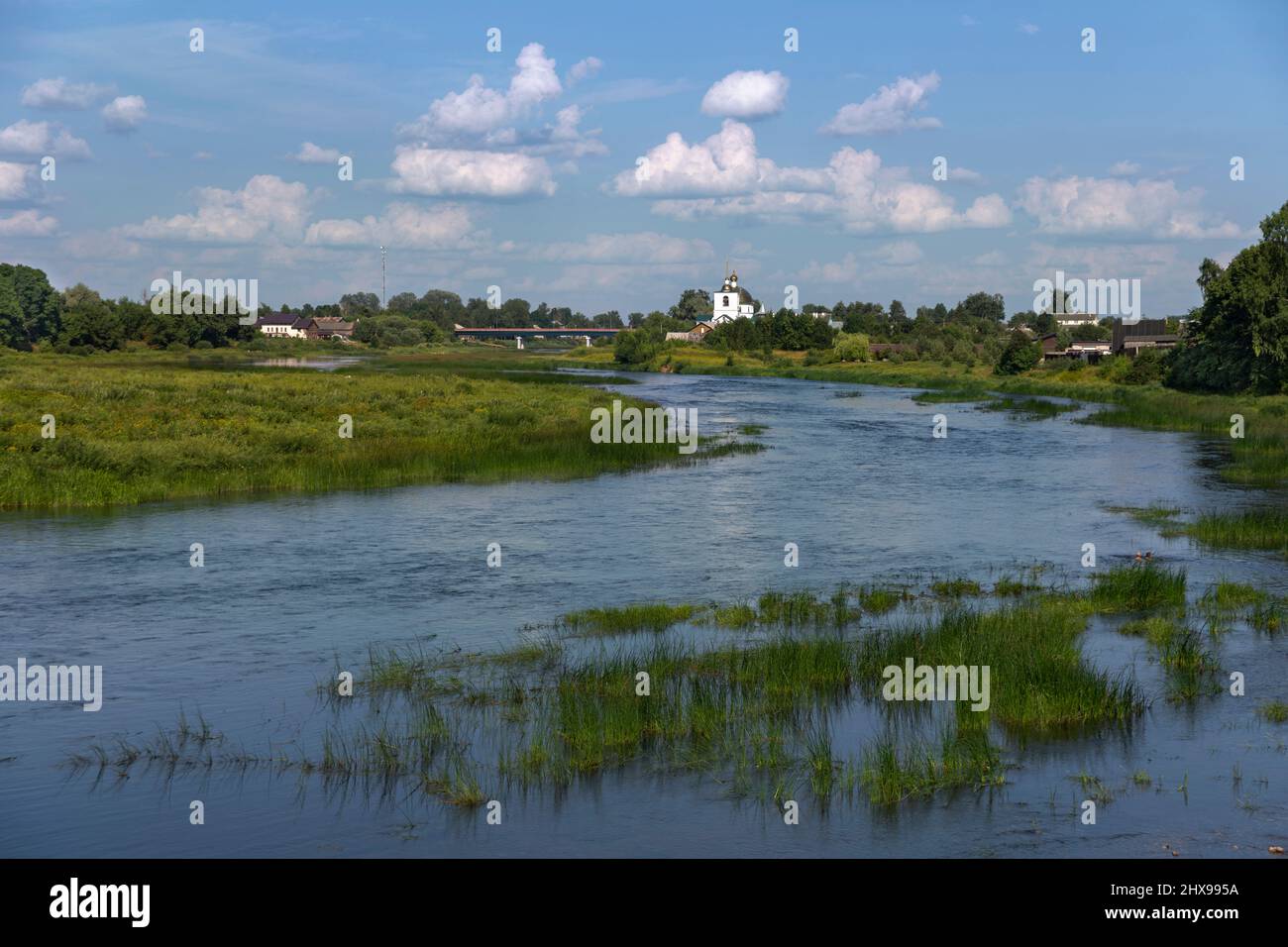 Eine Sommerlandschaft mit einem ruhigen Flachland Fluss, Velikaya Fluss, Ostrov, Pskov Region, Russland Stockfoto