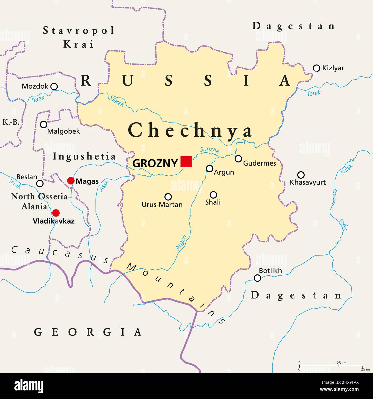 Tschetschenien, politische Landkarte, mit Hauptstadt Grosny und Grenzen. Tschetschenische Republik, eine republik Russland und ein Teil des Nordkaukasus-Bundesbezirks. Stockfoto