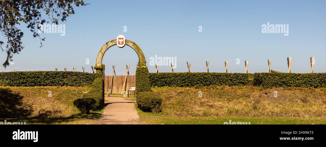 Panorama des Eingangs zum historischen Fort Caroline in Timucua Ökologisches und historisches Naturschutzgebiet in Jacksonville, Florida. Stockfoto