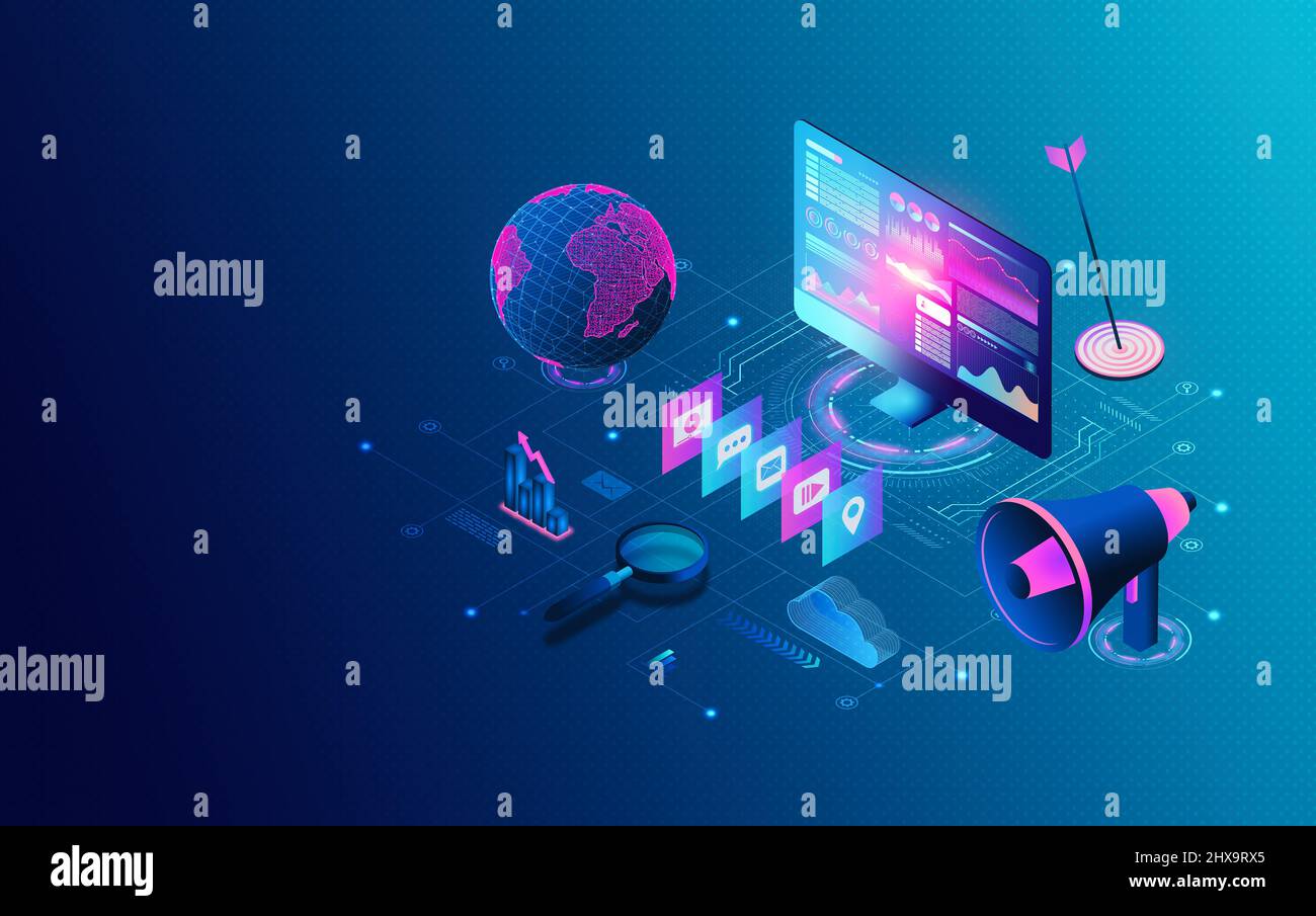 Media Buying Platform und Programmatic Marketing Concept - Neue Tools und Lösungen für den automatischen Kauf und die Optimierung digitaler Marketingkampagnen - 3D Stockfoto