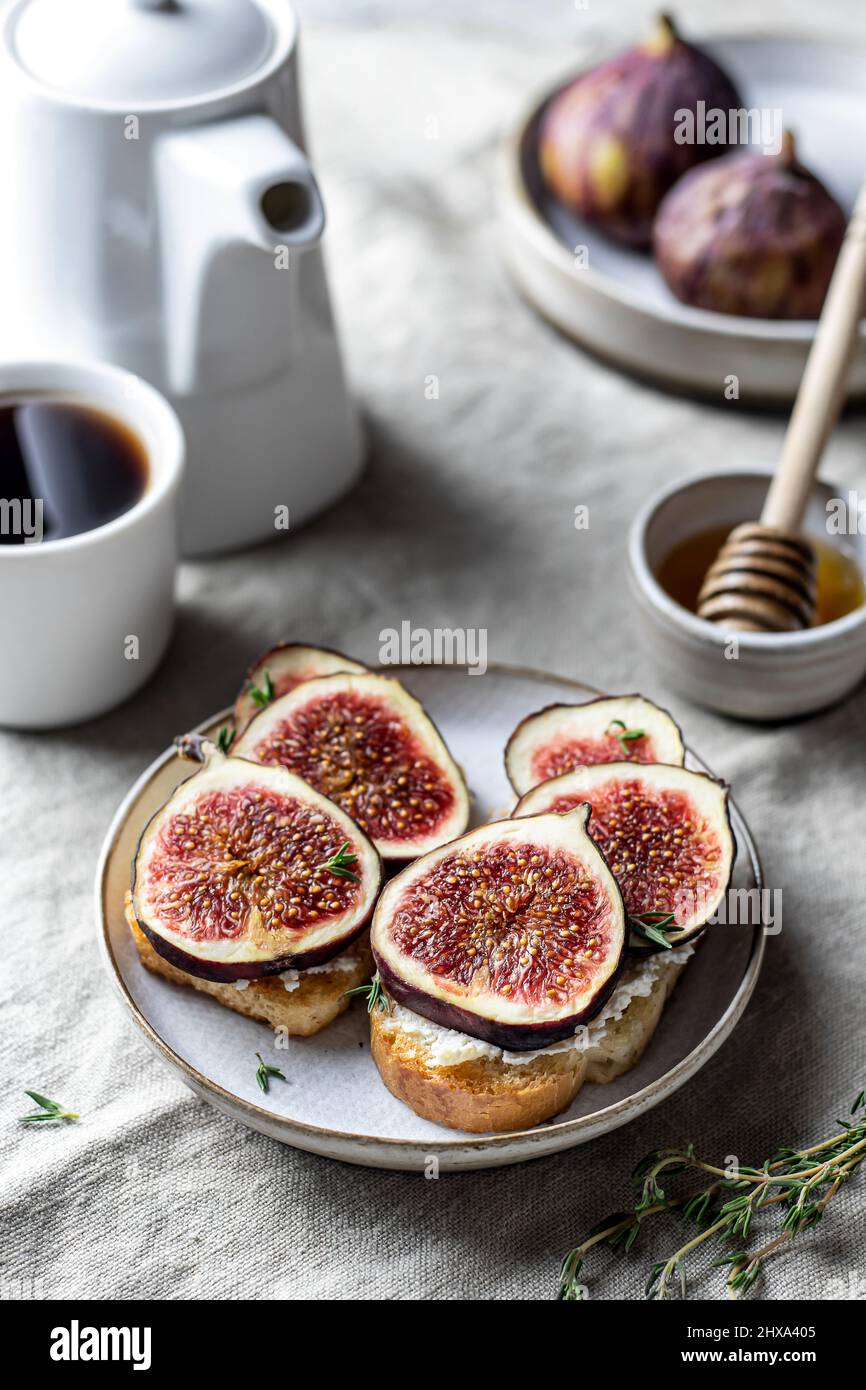 Zwei Sandwiches mit Feigen, Thymian auf strukturiertem Hintergrund. Frühstück Stockfoto