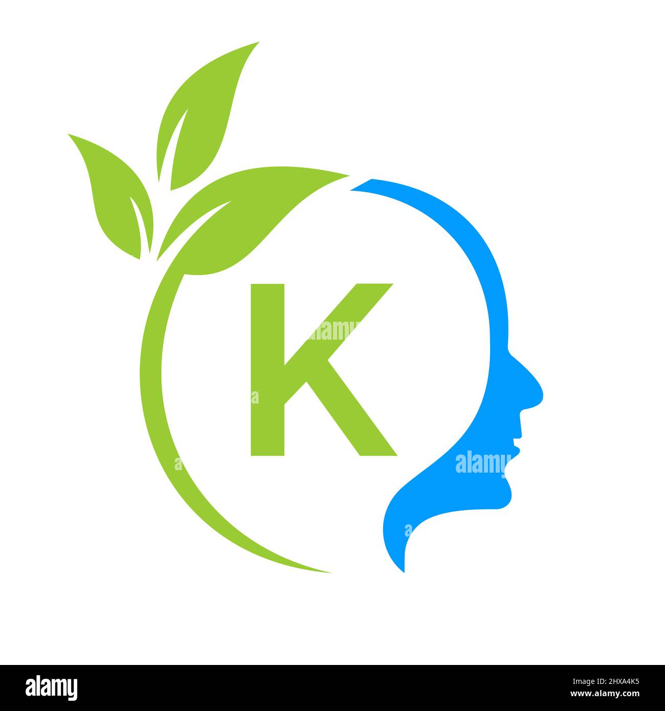 Baum Gehirn auf K Buchstabe Logo Design. Blattkopfschild Vorlage Gesundheit Und Fitness, Eco Blatt Denkkopf Konzept Vektor Stock Vektor
