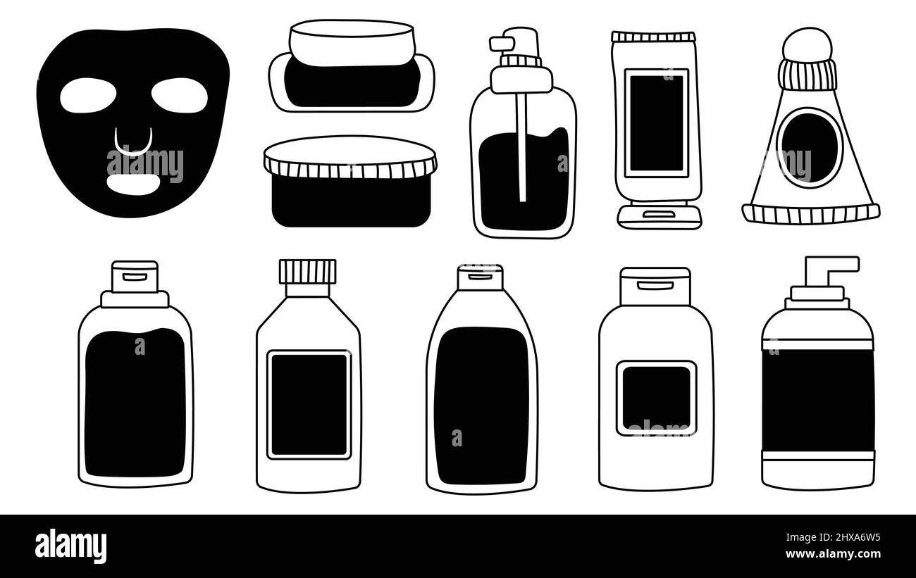 Ein Set aus Flaschen und Röhrchen mit Kosmetika, Gläser für die Hautpflege mit Gesichts-, Haar- und Körpercreme. Modischer Stil für Postkarte, Banner, Geschenkpapier Stock Vektor