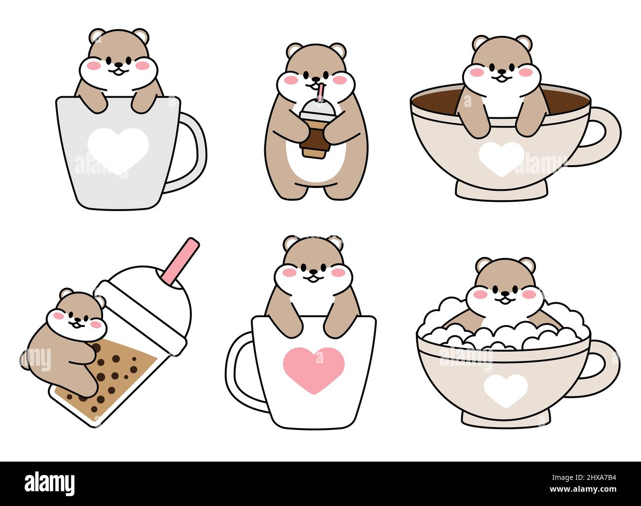 Set von niedlichen gezeichneten Hamstern. Kawaii Hamster in einer großen Tasse Kaffee Tee. Sammlung von Avataren Maskottchen lustigen Charakter Tier Aufkleber auf weiß isoliert Stock Vektor