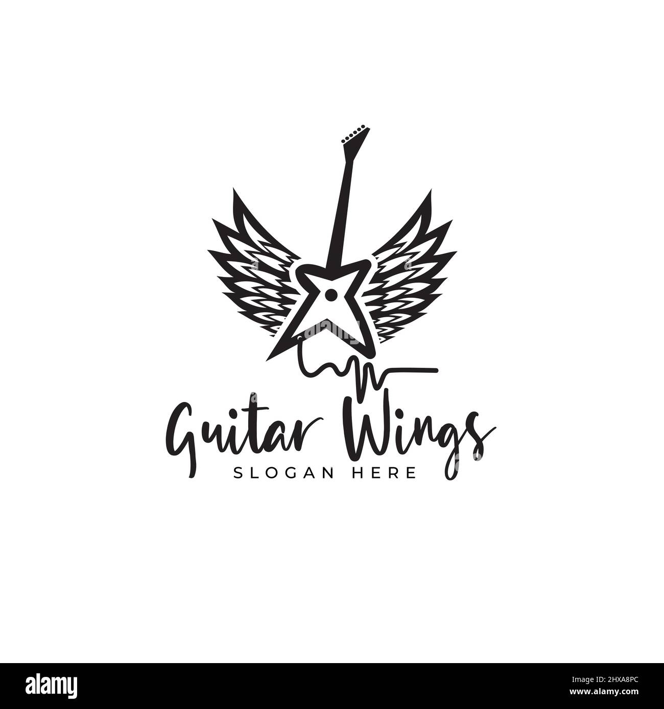 E-Gitarre Logo mit Flügeln Music Shop vintage Label Grunge Stil Vorlage Design Elemente Stock Vektor